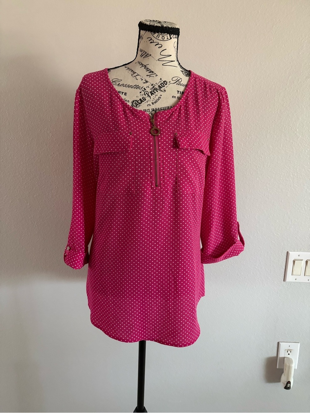 croft & barrow Pink Polka Dot Roll-Tab Blouse
